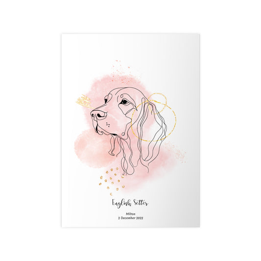 Minimalistisk rosa poster med Engelsk Setter, personlig design från Colorful Pets.