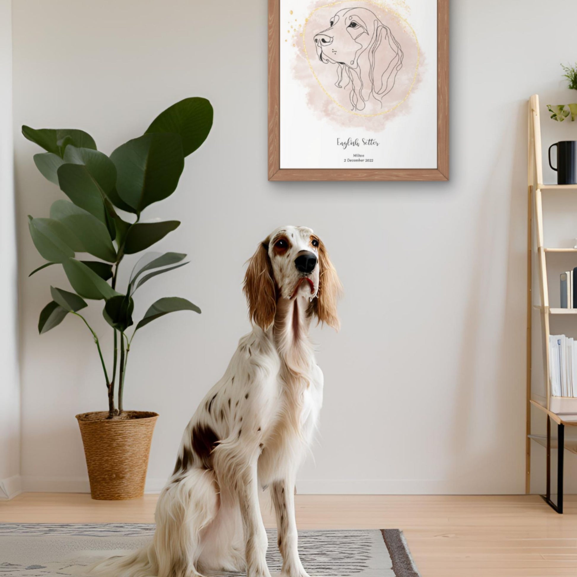 Minimalistisk beige poster med English Setter och en söt English Setter-hund bredvid, design från Colorful Pets.