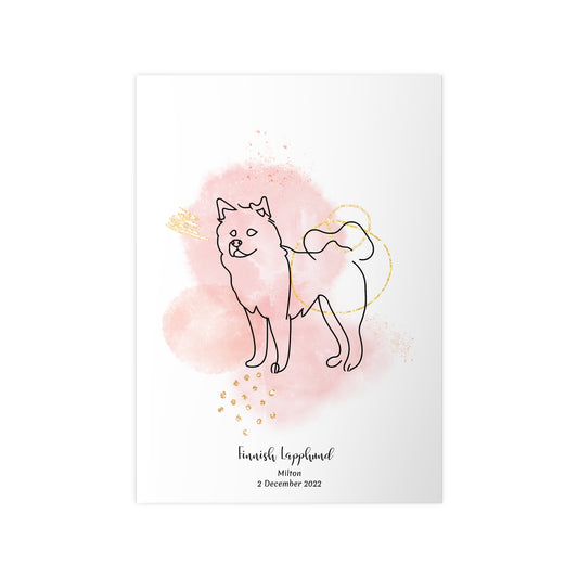 Minimalistisk rosa poster med Finsk Lapphund, personlig design från Colorful Pets.