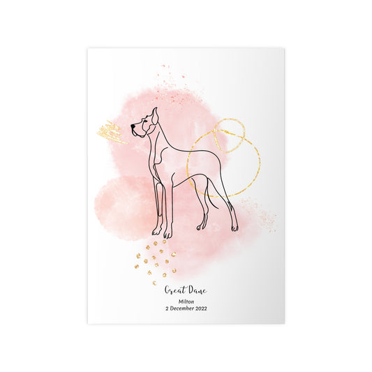 Minimalistisk rosa poster med Grand Danois, personlig design från Colorful Pets.