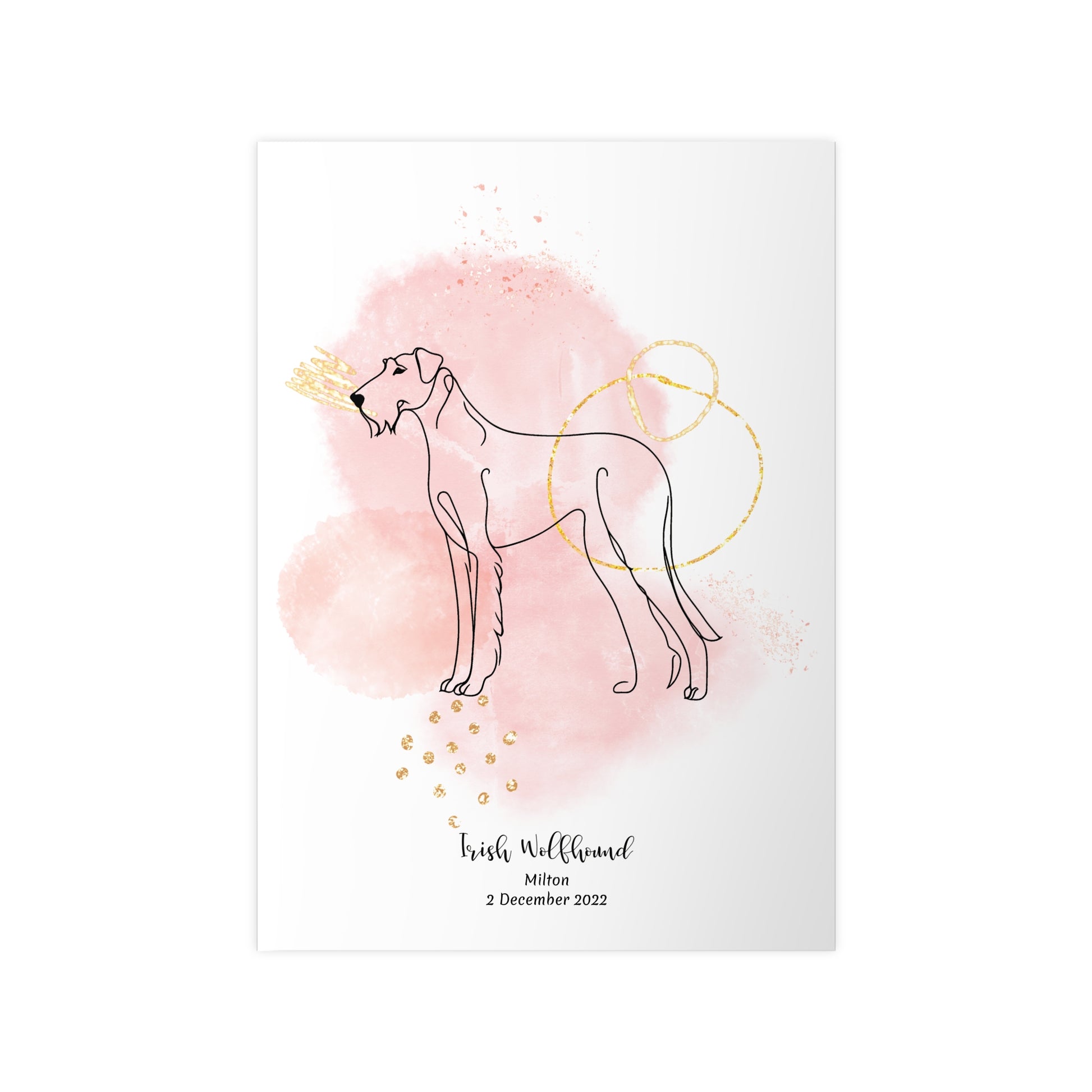 Minimalistisk rosa poster med Irländsk Varghund, personlig design från Colorful Pets.