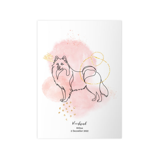 Alt-text: Minimalistisk rosa poster med Keeshond, personlig design från Colorful Pets.