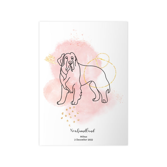 Minimalistisk rosa poster med Newfoundland, personlig design från Colorful Pets.