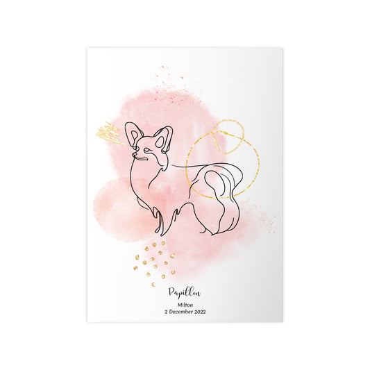 Minimalistisk rosa poster med Papillon, personlig design från Colorful Pets.