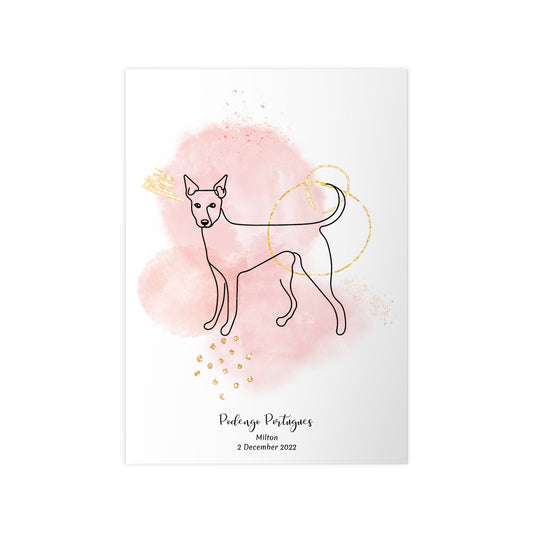 Minimalistisk rosa poster med Podengo Portugues, personlig design från Colorful Pets.