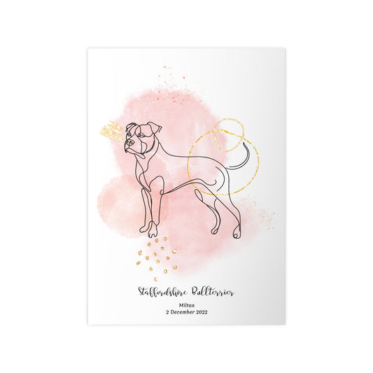 Minimalistisk rosa poster med Staffordshire Bullterrier, personlig design från Colorful Pets.